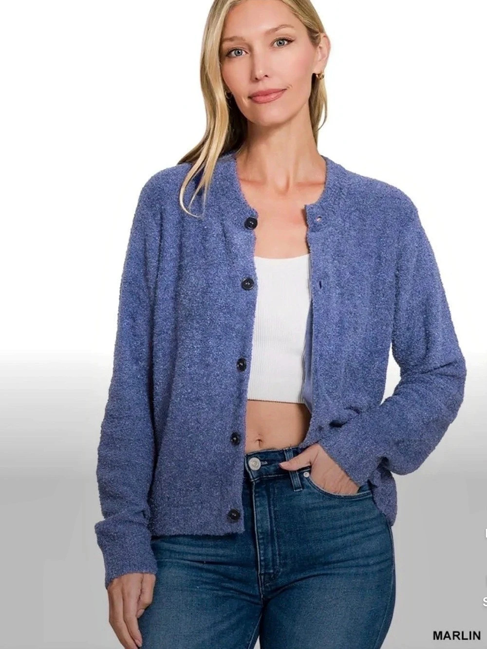 Zenana Button-Front Crewneck Long Sleeve Cropped Cardigan Marlin